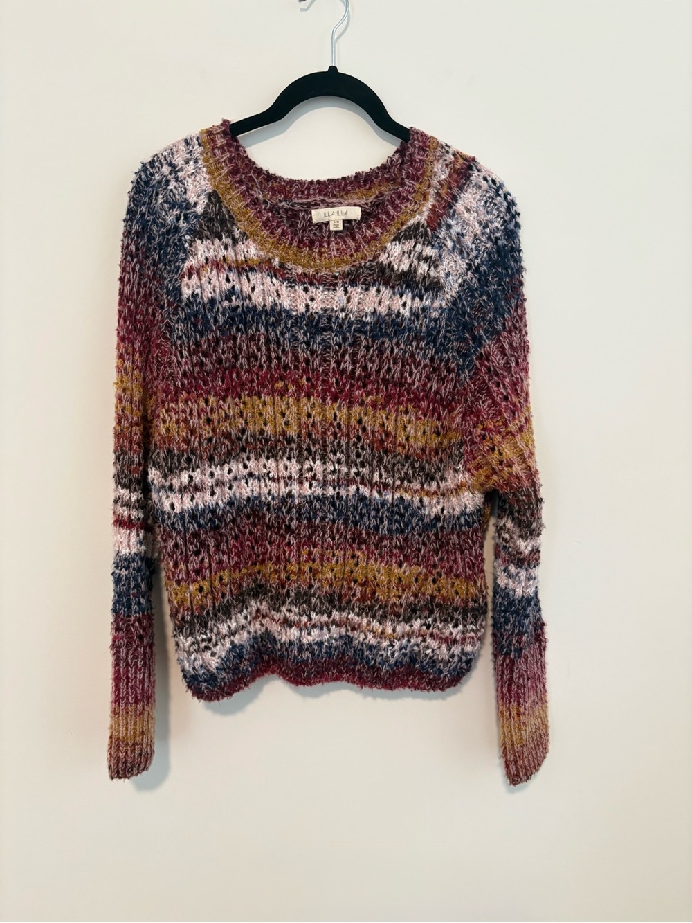 ILLA ILLA Marled Stripe Crewneck Sweater in Burgundy, Navy & Mustard